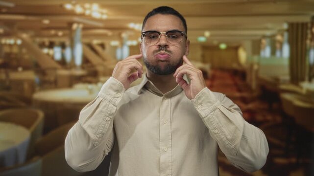 Man pinches cheeks in indoor restaurant dining area while wearing glasses and beige shirt; amusement.