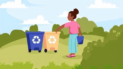 A child is placing waste into colorful recycling bins in a park setting, promoting environmental awareness. - Powered by Adobe