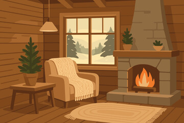 Evergreens illustration cabin vector soft wooden cozy filled textures interior winter stillness