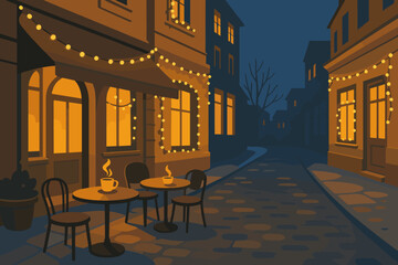 Steaming illustration caf&eacute; tables vector glowing hues around windows festive winter outdoor