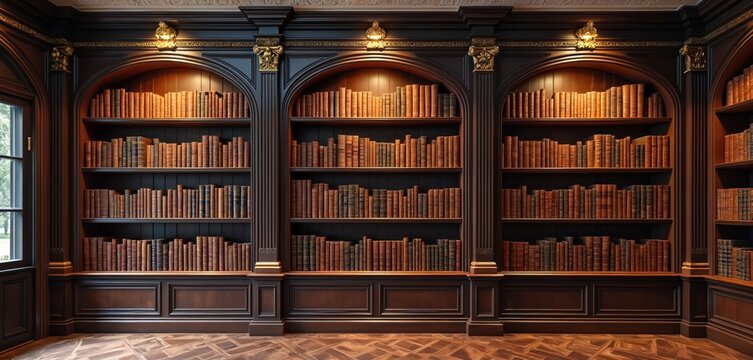 Dark wood antique library filled with leather bound books. Tall bookshelves feature gold accents and built-in lighting. A classic study room setting.