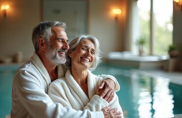 Elderly couple smiles wearing white robes, embracing by indoor pool. Relaxed seniors enjoy spa day, showing happiness and togetherness in luxury wellness center.