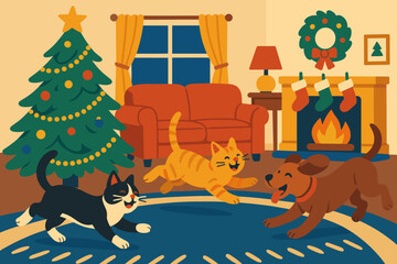 Fototapeta premium Energy vector decorated illustration bright playful cheerful pet pets room playtime around