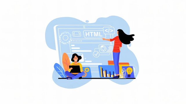 A woman presenting HTML coding concepts to another person who is sitting and studying, surrounded by books and design elements.