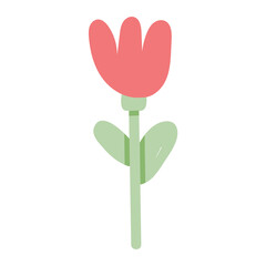 Simple Illustration of a Red Tulip Flower with Green Stem and Leaves on Transparent Background