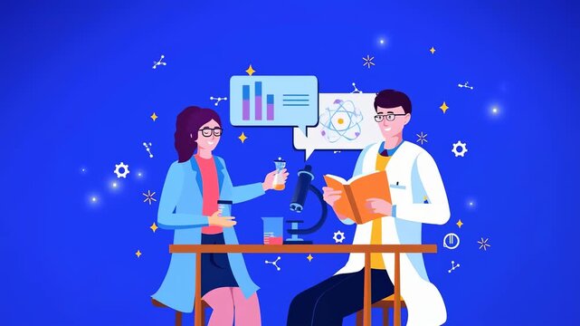 Two scientists discussing research at a table with a microscope and charts in a vibrant blue background.