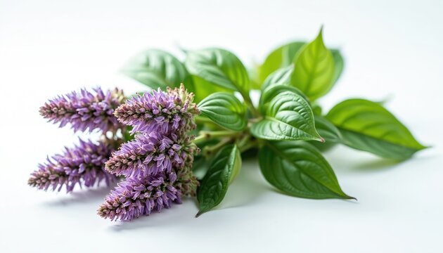 Purple flowering herb with green leaves isolated on white background. Useful for natural products, perfumes and medical applications. Aromatic plant for health.