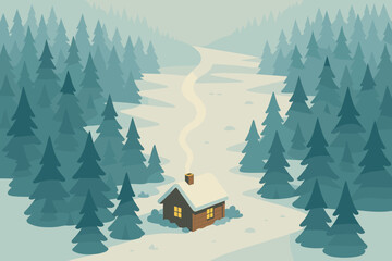 Illustration trail stretching forest retreat endless symmetry cabin into aerial mist vector