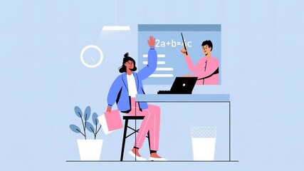 A playful illustration of a teacher and student engaging in a learning session with educational elements in a modern classroom setting. - Powered by Adobe