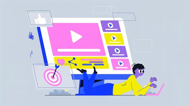 A digital marketing concept showing a person engaging with a large monitor featuring video play buttons and social media icons.