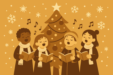 Fototapeta premium Singing musical christmas festivity unity illustration snowflakes near vector decorated choir tree