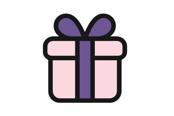 Pink gift box tied with a purple ribbon and bow for celebration or holiday