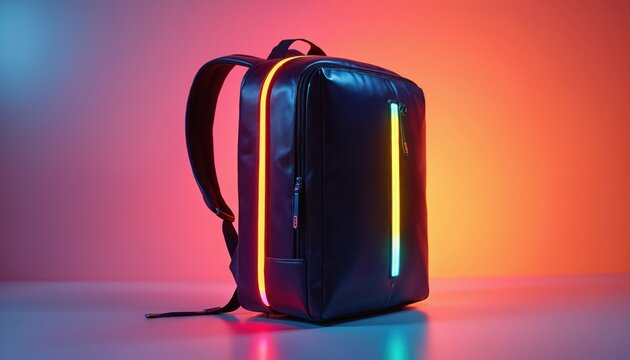 Modern backpack glows with vibrant neon light against gradient background. Illuminated bag features bold red orange, pink hues. Stylish accessory ideal for advertising campaigns promoting youth