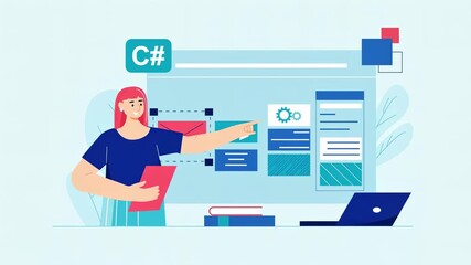 A woman presents a C# programming concept, pointing at a digital display with various elements, while holding a clipboard.