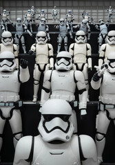 Naklejka premium tokyo, akihabara - sep 22 2025: Tiered display of George Lucas’s Star Wars stormtrooper figures at Yodobashi Camera’s pop culture floor, featuring white-armored soldiers posed in cinematic formation.