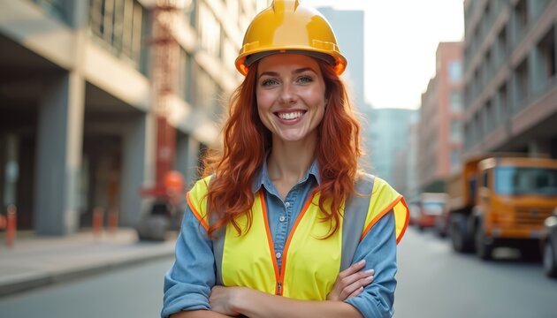 Smiling woman construction worker with red hair wears safety vest and hard hat. She stands arms crossed on urban street with buildings and trucks in background. Construction site activity visible.