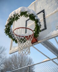 Snowy basketball hoop adorned with a festive green wreath under a blue sky.