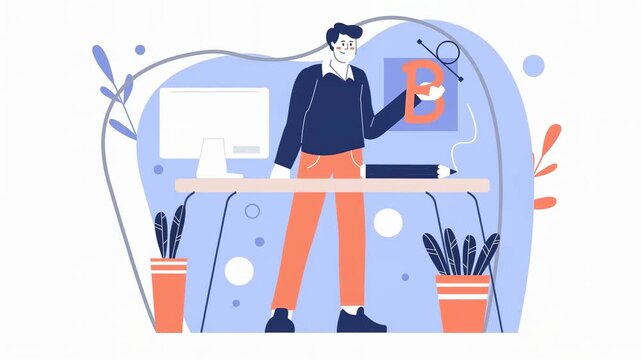 Illustration of a man presenting a design concept in a modern workspace with plants and computer.