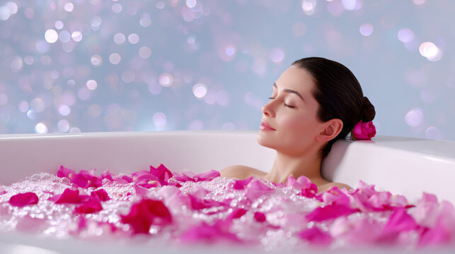 Woman relaxing in a luxurious bathtub filled with rose petals and bubbles, enjoying a serene moment, surrounded by soft pink bokeh lights creating a tranquil atmosphere