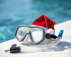 Festive Snorkel Mask and Santa Hat by Swimming Pool