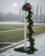 Festive corner flag on a snowy football field