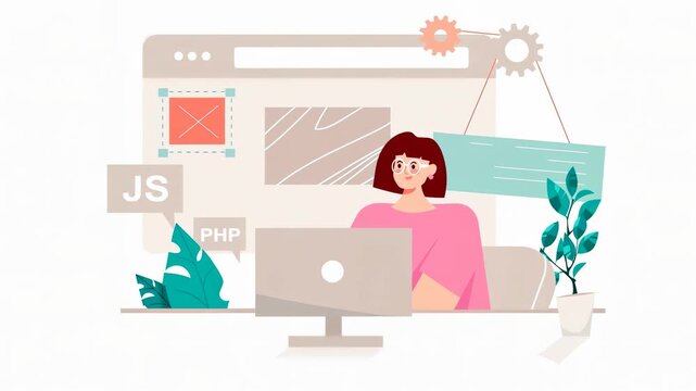 A woman working on a laptop, surrounded by coding symbols and plants, illustrating a digital workspace.
