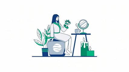 A woman sitting with plants, a mirror, and candles, depicting a calm and serene atmosphere of self-care and relaxation.