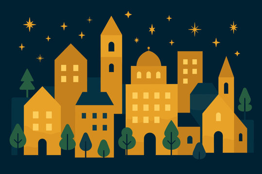 Skyline composition festive stars celebration evoking peaceful vector winter illustration trees geometric