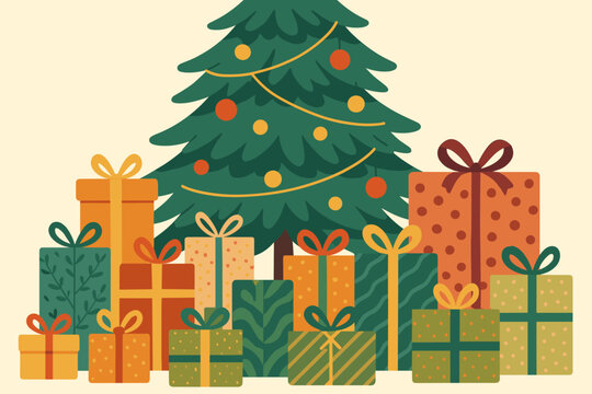 Vector christmas simple joyful illustration celebration depiction pile presents abundance gift tree