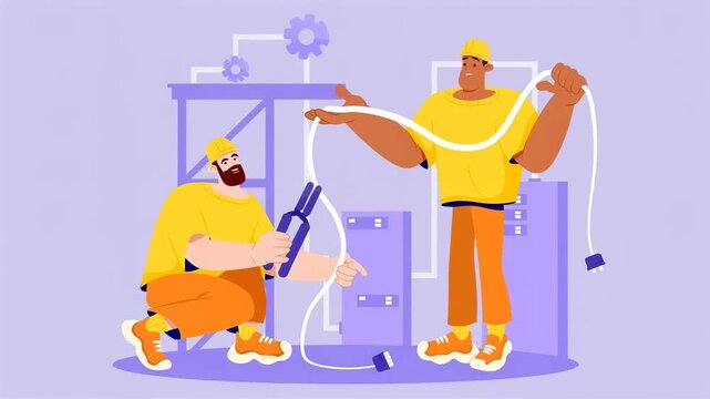 Two workers in yellow shirts and hats, one holding tools and the other managing electrical cables in a workshop setting.