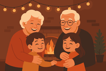 Grandchildren warmth illustration nostalgia fireplace holiday glowing string family vector grandparents filled
