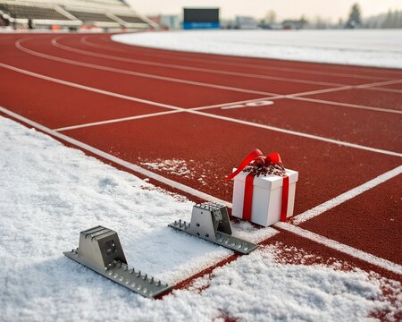 Gift box and starting blocks on a snowy running track