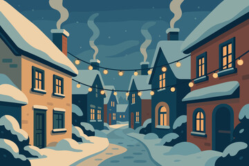 Cozy vector festivity illustration village smoke scene calm rooftops sides snowy inviting
