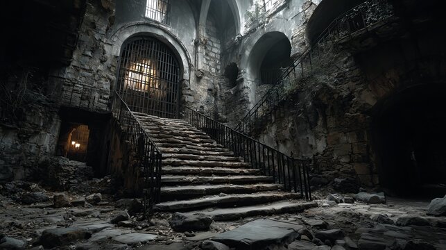 Old scary dark jail. A dimly lit corridor with stone walls and hanging lights leads to a gated entrance. The image captures history, exploration, and haunting beauty