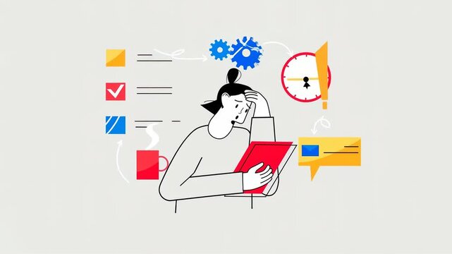 An illustration of a person looking stressed while holding a tablet, surrounded by colorful icons representing tasks and time management.