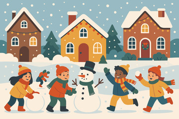 Fototapeta premium Children illustration festivities fights festive energy winter near having colorful vector simple