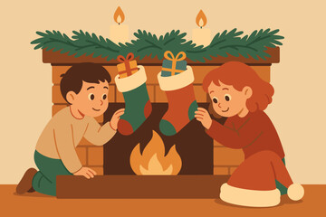 Stocking surprise atmosphere enhancing pine garlands illustration christmas fireplace vector peeking hat