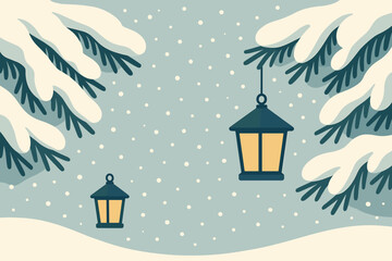 Abstract illustration minimalist vector branches lanterns winter flat snowfall pine scene composition