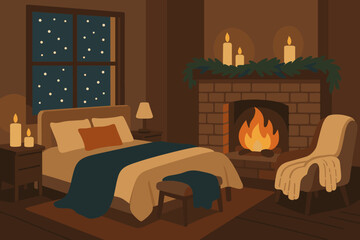Naklejka premium Glowing illustration pillows winter cozy night snow garlands room outside retreat vector