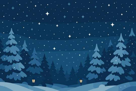 Winter filled serene snowflakes glowing illustration vector falling forest night view
