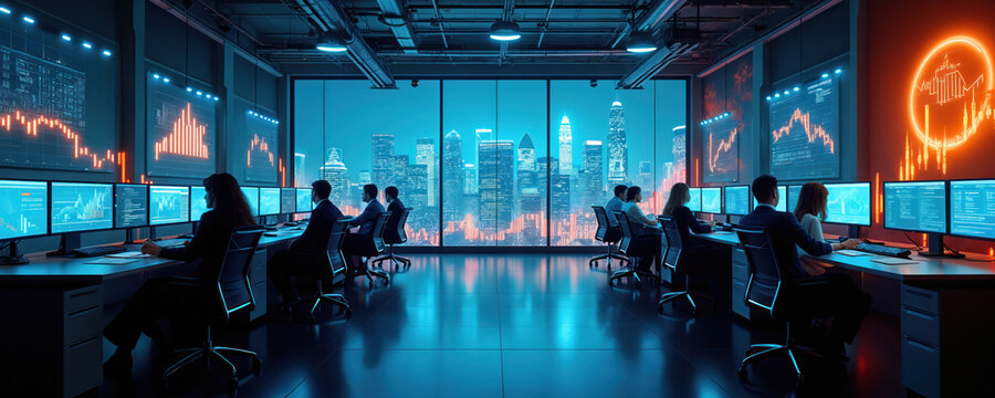 Traders watch stock charts on screens in modern office overlooking city skyline at night. Data analysis happens with glowing neon dashboards, complex graphs. Financial professionals monitor market