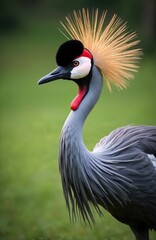Obraz premium Close up photo shows a grey crowned crane with unique head crest. Bird has black crown red throat and detailed feathers. Green background highlights the crane.