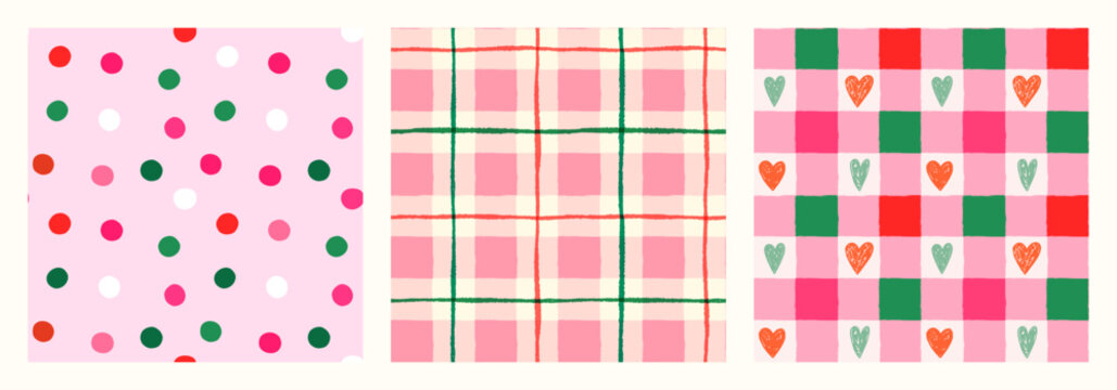 Pink, green and red dots, hearts and gingham vector seamless pattern set, Cute Christmas backgrounds