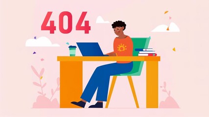 A person working on a laptop at a desk with books and a coffee cup, surrounded by a colorful background depicting a 404 error.