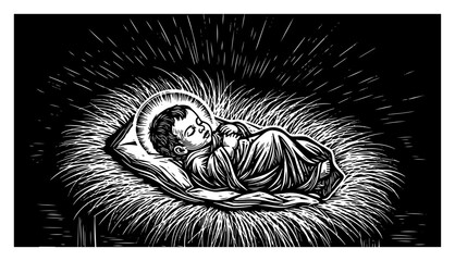 Baby Jesus in a manger nativity scene woodcut style vector illustration showing Christian Christmas holiday religious art with black and white engraving of Christ child