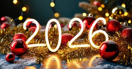 Festive scene depicts glowing numerals 2026 amid ornaments, tinsel, lights. Celebratory mood, winter holiday theme present.