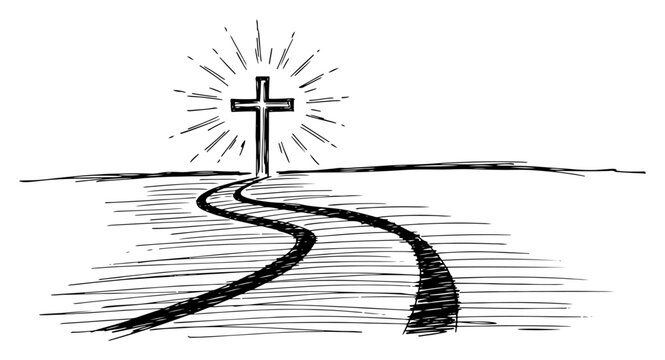 Christian cross on horizon with path vector sketch showing road to salvation and light rays in religious spiritual drawing