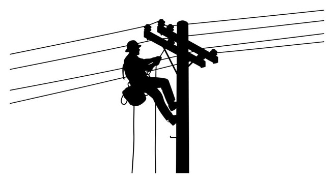 Electrician lineman silhouette climbing utility pole to repair power lines black and white vector illustration of maintenance work