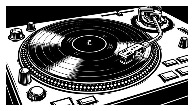 Detailed vintage turntable vinyl record player illustration black and white vector audio equipment close up for dj music design