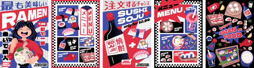 Bold Asian food poster set featuring ramen, sushi, soju, takoyaki, dumplings, character and bold modern graphics. Vibrant Japanese and Korean street food style for menu, ads, and restaurant branding. 